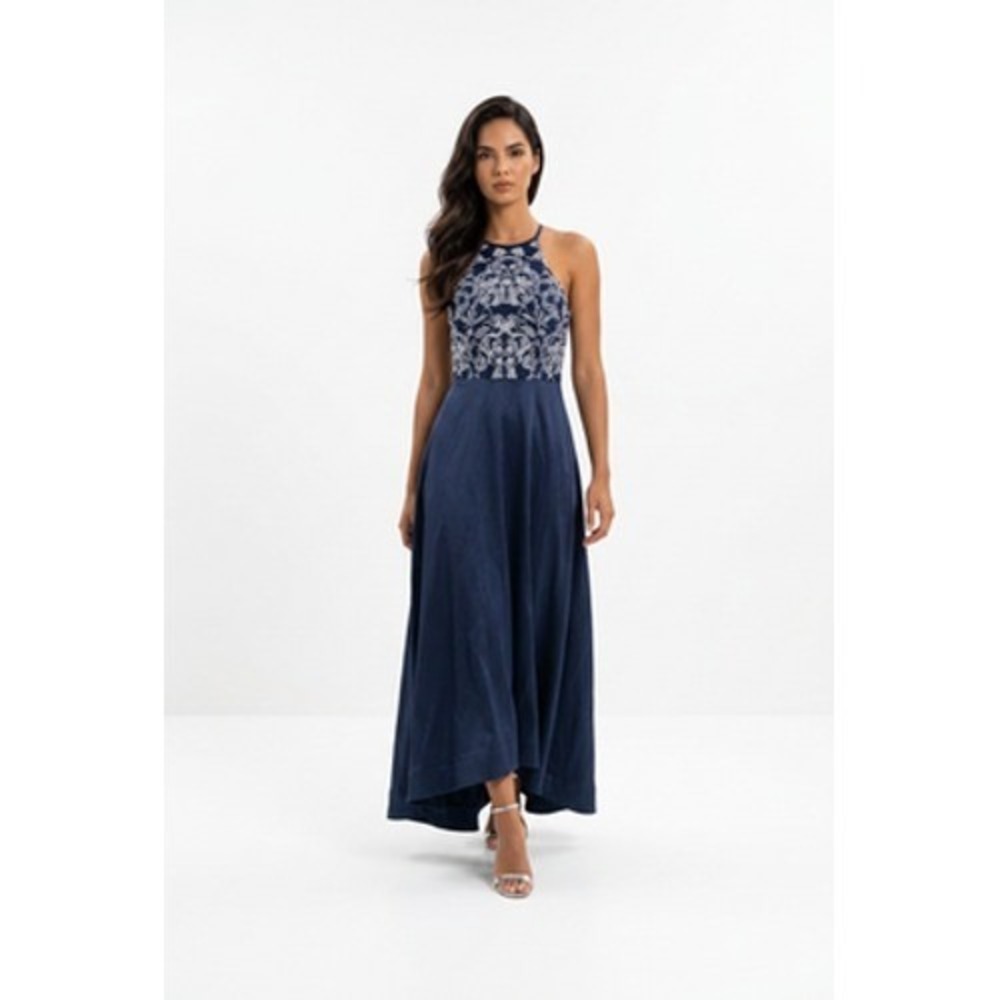 Speechless Dress Juniors 7 Navy Embroidered Halter Hi-Low Maxi Formal Prom